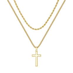 TINGN Kreuz Kette Herren, Gold Kette Herren Halskette Herren Kette mit Kreuz Edelstahl Gold Seilkette Doppelkette mit Anhänger 56/61cm Kreuzkette für Männer Freund Jungen Schmuck Geschenk von TINGN