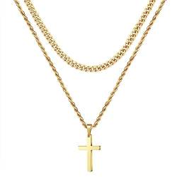 TINGN Kreuz Kette Herren, Halskette Herren Kette mit Kreuz Goldkette Herren Edelstahl Silber Seilkette Doppelkette mit Anhänger 45/50cm Kreuzkette für Männer Freund Jungen Schmuck Geschenk von TINGN