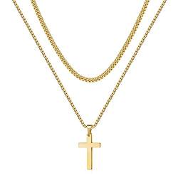 TINGN Kreuz Kette Herren, Halskette Herren Kette mit Kreuz Goldkette Herren Edelstahl Silber Seilkette Doppelkette mit Anhänger 50/55cm Kreuzkette für Männer Freund Jungen Schmuck Geschenk von TINGN