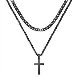 TINGN Kreuz Kette Herren, Halskette Herren Kette mit Kreuz Schwarze Kette Herren Edelstahl Silber Seilkette Doppelkette mit Anhänger 50/55cm Kreuzkette für Männer Freund Jungen Schmuck Geschenk von TINGN