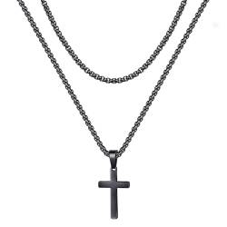 TINGN Kreuz Kette Herren, Halskette Herren Kette mit Kreuz Schwarze Kette Herren Edelstahl Silber Seilkette Doppelkette mit Anhänger 50/55cm Kreuzkette für Männer Freund Jungen Schmuck Geschenk von TINGN