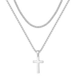 TINGN Kreuz Kette Herren, Halskette Herren Kette mit Kreuz Silberkette Herren Edelstahl Silber Seilkette Doppelkette mit Anhänger 40/45cm Kreuzkette für Männer Tochter Freund Jungen Schmuck Geschenk von TINGN