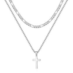 TINGN Kreuz Kette Herren, Halskette Herren Kette mit Kreuz Silberkette Herren Edelstahl Silber Seilkette Doppelkette mit Anhänger 46/51cm Kreuzkette für Männer Freund Jungen Schmuck Geschenk von TINGN