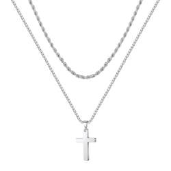 TINGN Kreuz Kette Herren, Halskette Herren Kette mit Kreuz Silberkette Herren Edelstahl Silber Seilkette Doppelkette mit Anhänger 51/56cm Kreuzkette für Männer Freund Jungen Schmuck Geschenk von TINGN