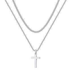 TINGN Kreuz Kette Herren, Halskette Herren Kette mit Kreuz Silberkette Herren Edelstahl Silber Seilkette Doppelkette mit Anhänger 55/60cm Kreuzkette für Männer Freund Jungen Schmuck Geschenk von TINGN