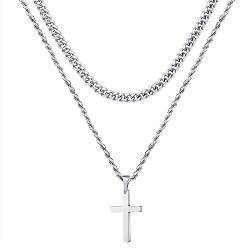 TINGN Kreuz Kette Herren, Halskette Herren Kette mit Kreuz Silberkette Herren Edelstahl Silber Seilkette Doppelkette mit Anhänger 55/60cm Kreuzkette für Männer Freund Jungen Schmuck Geschenk von TINGN