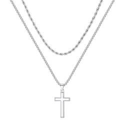 TINGN Kreuz Kette Herren, Halskette Herren Kette mit Kreuz Silberkette Herren Edelstahl Silber Seilkette Doppelkette mit Anhänger 56/61cm Kreuzkette für Männer Freund Jungen Schmuck Geschenk von TINGN