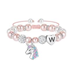 TINGN Mädchen Geschenke Einhorn Armbänder für Mädchen, Einhorn Geschenke für Mädchen Rosa Perlen Intiale Herz Armband mit Buchstaben Geschenke für Teenager Mädchen Schmuck Geschenke für Mädchen (W) von TINGN