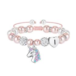 TINGN Mädchen Geschenke Einhorn Armbänder für Mädchen, Einhorn Geschenke für Mädchen Rosa Perlen Intiale Herz Armband mit Buchstaben Geschenke für Teenager Mädchen Schmuck Geschenke für Mädchen (I) von TINGN