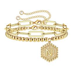 TINGN Zierliche Buchstaben Armband Damen Mädchen, Buchstaben Armbänder Perlenarmband Buchstabe N Armband Büroklammer Link Armband Damen Armbänder für Zierliche Goldschmuck von TINGN