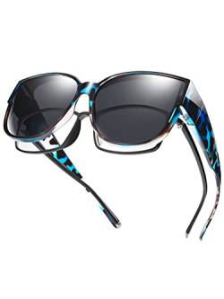 TINHAO Polarisierte Passform über Brillen, Sonnenbrille für Damen, UV-Schutz, trendige, übergroße quadratische Schattierungen zum Autofahren(Blau-grau Leopard) von TINHAO