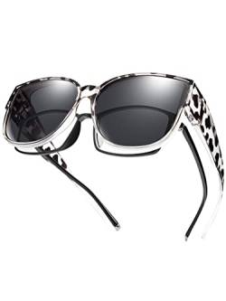 TINHAO Polarisierte Passform über Brillen, Sonnenbrille für Damen, UV-Schutz, trendige, übergroße quadratische Schattierungen zum Autofahren(Grau Leopard) von TINHAO