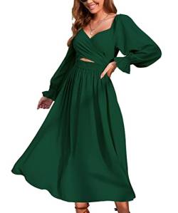 Damen-Kleid mit Raffhaltern, doppelseitig, wendbar, mit Rüschen, lange Puffärmeln, wendbar, lässiges Partykleid, dunkelgrün, Mittel von TINSTREE