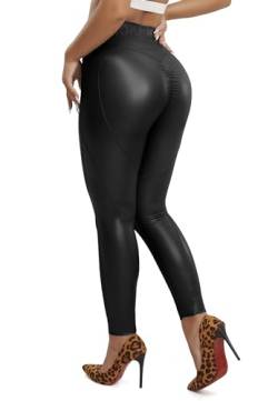 TIOKFLW Kunstleder Leggings Damen Mit Innenfleece, High Waist Lederimitat Hose, Leder PU Pants Sexy Warm Winter, Herzförmiges - Schwarz M von TIOKFLW