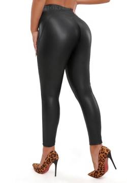 TIOKFLW Kunstleder Leggings Damen Mit Innenfleece, High Waist Lederimitat Hose, Leder PU Pants Sexy Warm Winter, Lederhose - Schwarz L von TIOKFLW