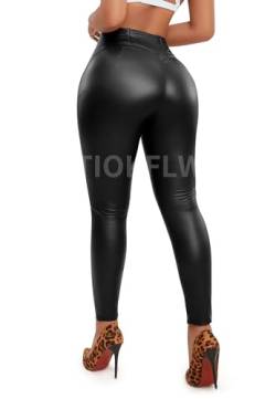 TIOKFLW Kunstleder Leggings Damen Mit Innenfleece, High Waist Lederimitat Hose, Leder PU Pants Sexy Warm Winter, Lederoptik - Schwarz L von TIOKFLW