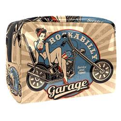 Tragbare Make-up-Tasche mit Reißverschluss, Reise-Kulturbeutel für Frauen, praktische Aufbewahrung, Kosmetiktasche, Pin Up Girl auf Motorrad, einfarbig von TIZORAX