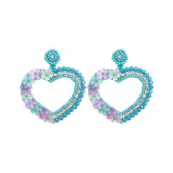 Perlen Süß Herzförmige Ohrringe, handgefertigte Herzbügel-Ohrringe, böhmische Kristallperlen-Ohrringe für Frauen und Mädchen (Blau) von TJCGCKK