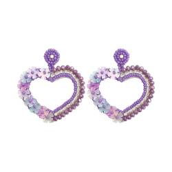 Perlen Süß Herzförmige Ohrringe, handgefertigte Herzbügel-Ohrringe, böhmische Kristallperlen-Ohrringe für Frauen und Mädchen (Lila) von TJCGCKK