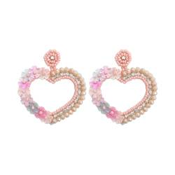 Perlen Süß Herzförmige Ohrringe, handgefertigte Herzbügel-Ohrringe, böhmische Kristallperlen-Ohrringe für Frauen und Mädchen (Rosa) von TJCGCKK