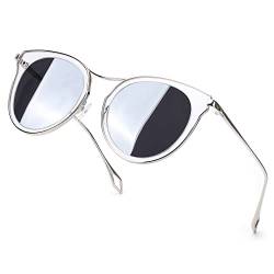 TJUTR Damen Sonnenbrille Übergroße Mode Cat Eye Sonnenbrille mit verspiegelten polarisierten Gläsern, Anti Glare UV-Schutz, Metallbügel (Silberfarbener rahmen/Silberfarbene Verspiegelte Linse) von TJUTR