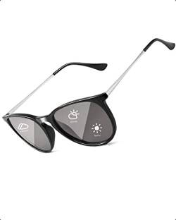 TJUTR Photochromatisch Sonnenbrille für Herren Damen, Polarisiert Klassische Retro Runde Brille Autofahren- UV400 Schutz (Schwarz/Grau Photochromatisch) von TJUTR