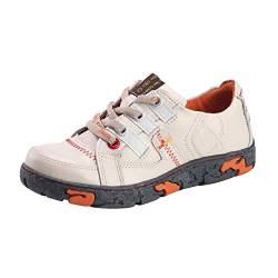 Echtes Leder Damen Flache Mode Sneaker Schuhe für Outdoor, Weiß, 39 EU von TMA EYES