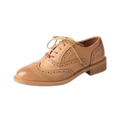 TMA EYES Barock Retro geschnitzte britische Stil Schnürschuhe Oxford Damen Casual Leder Schuhe, Beige, 42 EU von TMA EYES