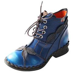 TMA EYES Damen Stiefeletten Niedriger Absatz Schnürung Seitlicher Reißverschluss Mode Leder Booties, Blau, 37.5 EU von TMA EYES