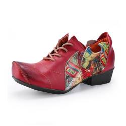 TMA EYES Damen Unregelmäßige Floral Leder Patchwork Peep Toe Schnürschuhe Distressed Low Heel Schuhe, Rot/Ausflug, einfarbig (Getaway Solids), 37.5 EU von TMA EYES