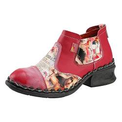 TMA EYES Leder Damen Stiefeletten Schuhe für Draußen,Mittlerer Absatz, Blumenzeitung Bedrucktes Ledermaterial, Rot/Ausflug, einfarbig (Getaway Solids), 40.5 EU von TMA EYES