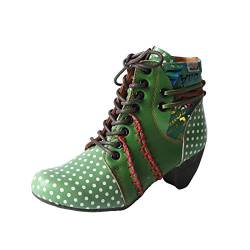 TMA EYES Stiefel für Frauen Schnürstiefel Polka Dot Chunky Heels Stiefeletten, Grün , 37 EU von TMA EYES