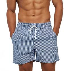 TMEOG Badehose Herren Badeshorts Männer Bademode Schwimmhose Lang Schnelltrocknend Swimming Surf Shorts Men Schwimmshort Swim Trunks Strandhose Sporthose Kurz mit Taschen(Gestreift,M) von TMEOG