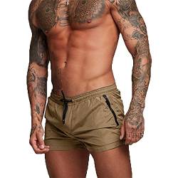 TMEOG Badeshorts für Herren, Badehosen Kurz Badehose Männer Schwimmhose Boxer Badepants Wassersport Kurze Hose Schnelltrocknend Schwimmshorts mit Reissverschluss(Khaki) von TMEOG