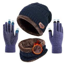 TMEOG Mütze Herren Damen Wintermütze Schal Handschuh Sets, Beanie Strickmütze mit Fleecefutter Touchscreen Handschuhe Winterschal Warme Mütze, Schal & Handschuh-Sets für Herren Damen(Blau) von TMEOG