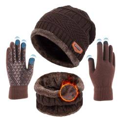 TMEOG Mütze Herren Damen Wintermütze Schal Handschuh Sets, Beanie Strickmütze mit Fleecefutter Touchscreen Handschuhe Winterschal Warme Mütze, Schal & Handschuh-Sets für Herren Damen(Braun) von TMEOG