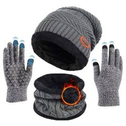 TMEOG Mütze Herren Damen Wintermütze Schal Handschuh Sets, Beanie Strickmütze mit Fleecefutter Touchscreen Handschuhe Winterschal Warme Mütze, Schal & Handschuh-Sets für Herren Damen(Grau) von TMEOG