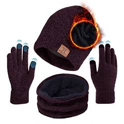 TMEOG Mütze Herren Damen Wintermütze Schal Handschuh Sets, Beanie Strickmütze mit Fleecefutter Touchscreen Handschuhe Winterschal Warme Mütze, Schal & Handschuh-Sets für Herren Damen(Wein Rot) von TMEOG