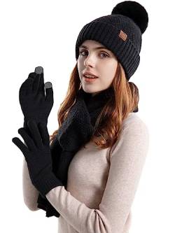 TMEOG Mütze Schal Handschuhe Set Damen Beanie Winter mit Bommel Strickmütze mit Fleece Futter Warme Lang Schal Touchscreen Handschuhe(Schwarz) von TMEOG
