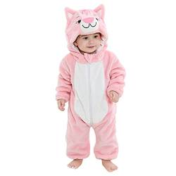 TMEOG Unisex Baby Romper Cute Warm Hase Stich Tier Lange Ärmel Reißverschluss Verdickte Fleece Herbst-Winter Kinderkleidung (0-6 Monate, A- Rosa Katze) von TMEOG