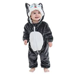 TMEOG Unisex Baby Romper Cute Warm Hase Stich Tier Lange Ärmel Reißverschluss Verdickte Fleece Herbst-Winter Kinderkleidung (12-18 Monate, A- Dunkelgrauer Husky) von TMEOG