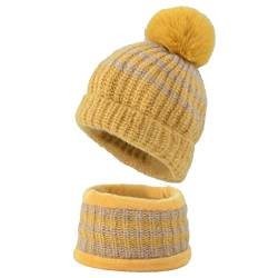 TMEOG Wintermütze Kinder Mütze Schal Set Beanie Kleinkind Loop Schal mit Fleece Gefütterte Warme Kindermütze Schlauchschal Strickmütze für Jungen Mädchen(6-14Jahre,Gelb) von TMEOG