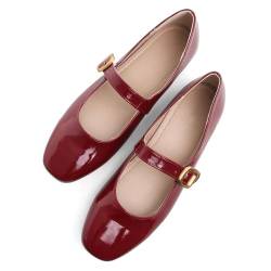 TN TANGNEST Flache Schuhe aus Leder für Damen, bequeme flache Schuhe mit quadratischer Zehenpartie, weiche Arbeitsschuhe, Retro, Mary Jane Flats, G Rot, 37 EU von TN TANGNEST