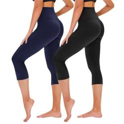 TNNZEET 2er Pack 3/4 Leggings Damen Capri Leggins für Sport, 7/8 Sporthose High Waist Sportleggings für Gym(Schwarz/Marineblau,S-M) von TNNZEET