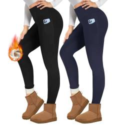 TNNZEET 2er Pack Thermo Leggings Damen Gefüttert Thermoleggins High Waist mit Taschen im Winter (Schwarz/Marineblau,XL) von TNNZEET