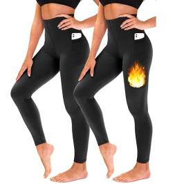 TNNZEET 2er Pack Thermo Leggings Damen Thermoleggins gefüttert Warme im Winter（Taschen- Schwarz/Schwarz,L-XL von TNNZEET