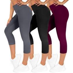 TNNZEET 3er Pack Capri Leggings Damen 3/4 für Sport, 7/8 Leggins High Waist Sporthose für Gym (Schwarz/Dunkelgrau/Violett,S-M) von TNNZEET