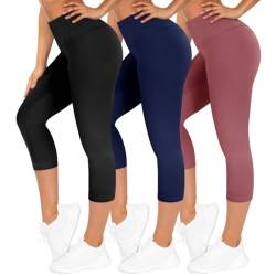 TNNZEET 3er Pack Capri Leggings Damen 3/4 für Sport, 7/8 Leggins High Waist Sporthose für Gym (Schwarz/Marineblau/Rosa,S-M) von TNNZEET