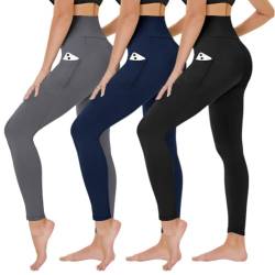 TNNZEET 3er Pack Leggings Damen High Waist Schwarz Leggins Blickdicht für Sport Gym(Schwarz/Dunkelgrau/Marineblau-mit Taschen,XXL) von TNNZEET