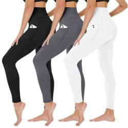 TNNZEET 3er Pack Leggings Damen High Waist Schwarz Leggins Blickdicht für Sport Gym(Schwarz/Dunkelgrau/Weiß-mit Taschen,L-XL) von TNNZEET